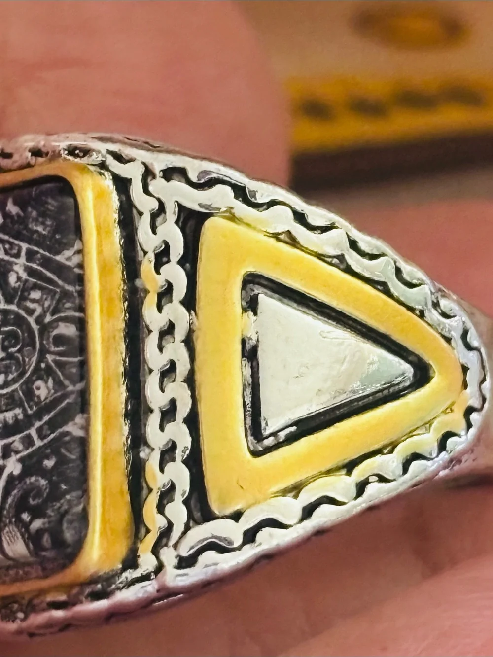 Two-Tone Aztec Motif Men's Signet Ring in Black and Gold Size 11.5